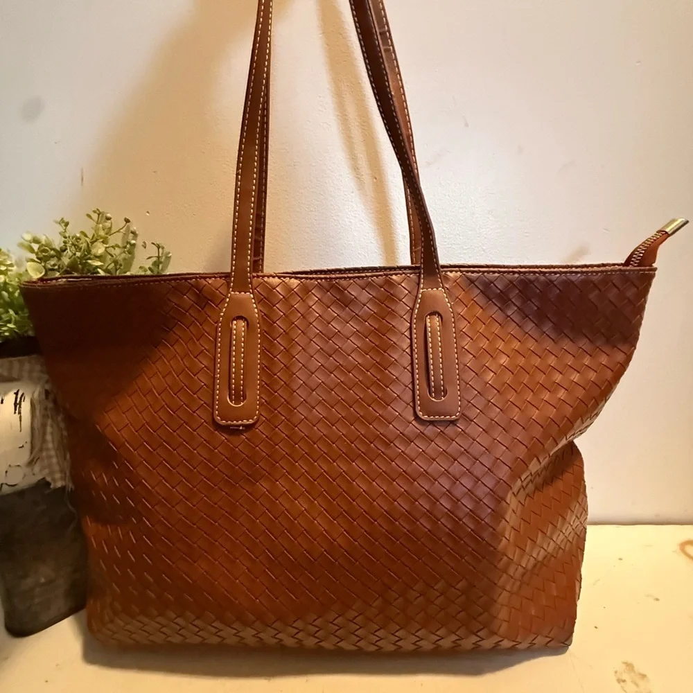 Brown Woven Bag, Vegan Leather Tote Bag Large Summer Beach Travel Handbag NWOT